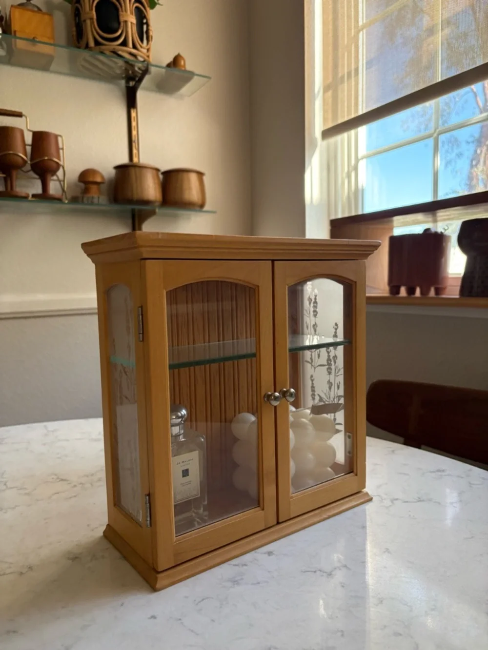 Wood Vintage Mini Curio Dispkay with Glass Shelf - Natural Brown